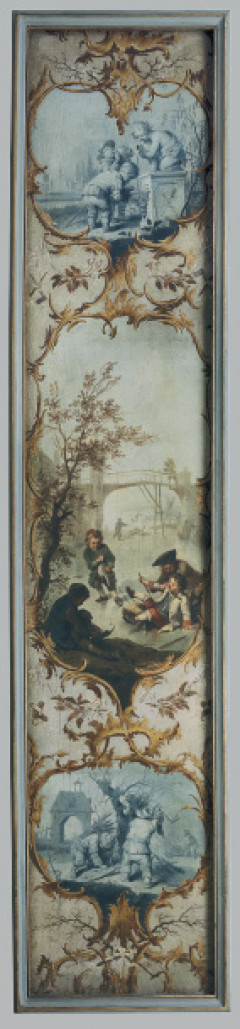 Bild zu Januar - Oben: zwei Knaben am Brunnen (Sternzeichen „Wassermann“). Mittig: Kinder laufen Schlittschuh. Unten: Weidenrutenschnitt.