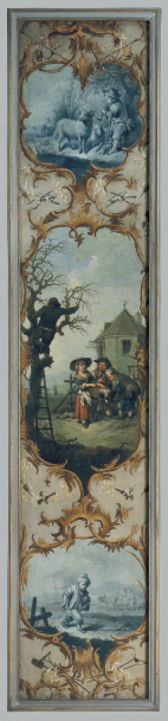 Bild zu März - Oben: ein Knabe als Hirte mit Widder und Schafen (Sternzeichen „Widder“). Mittig: Kinder rasten beim Baumschnitt. Unten: Pflügen und Säen.